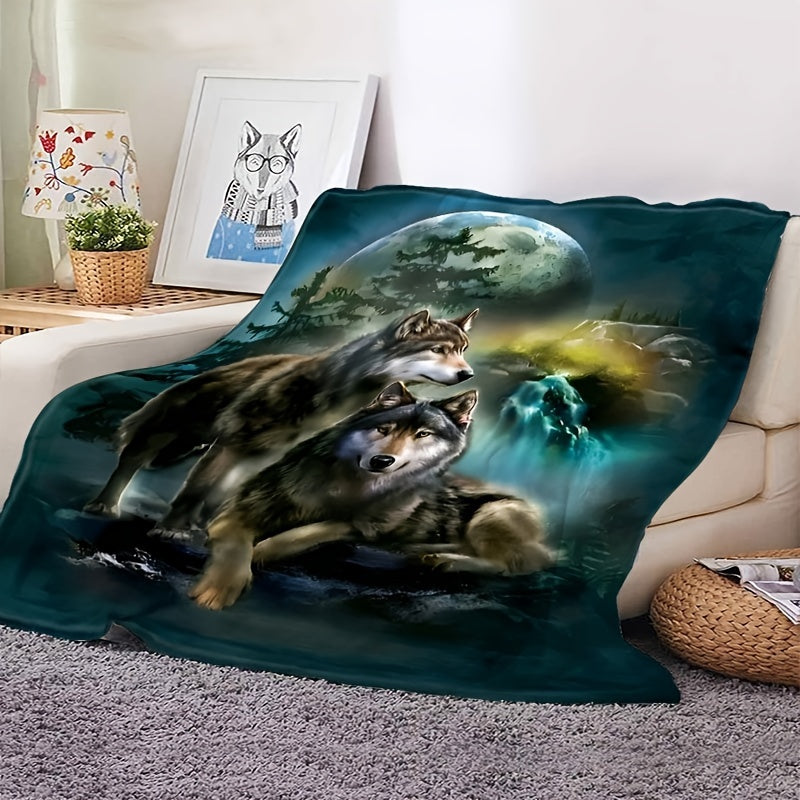 Stylish Glam Wolf Moon Green Plush Throw Blanket, Soft Hypoallergenic Fleece with Wolf Theme Décor, Made from Knitted Polyester, Requires Dry Cleaning, Versatile All-Season Throw with Special Decorative Details