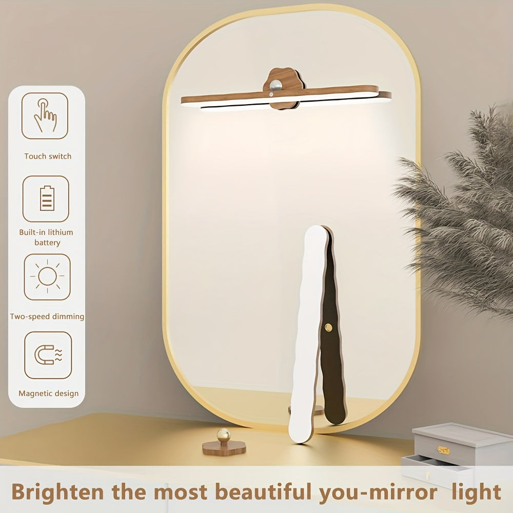 LED Wall Light with adjustable 360° rotation, touch control, USB charging, and magnetic wall mount for makeup application in various settings.