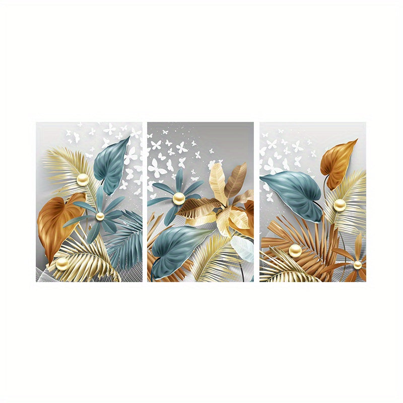 Set of 3 frameless modern golden butterfly leaves canvas paintings for living room decor, size 15.7*23.6in/40cm*60cm