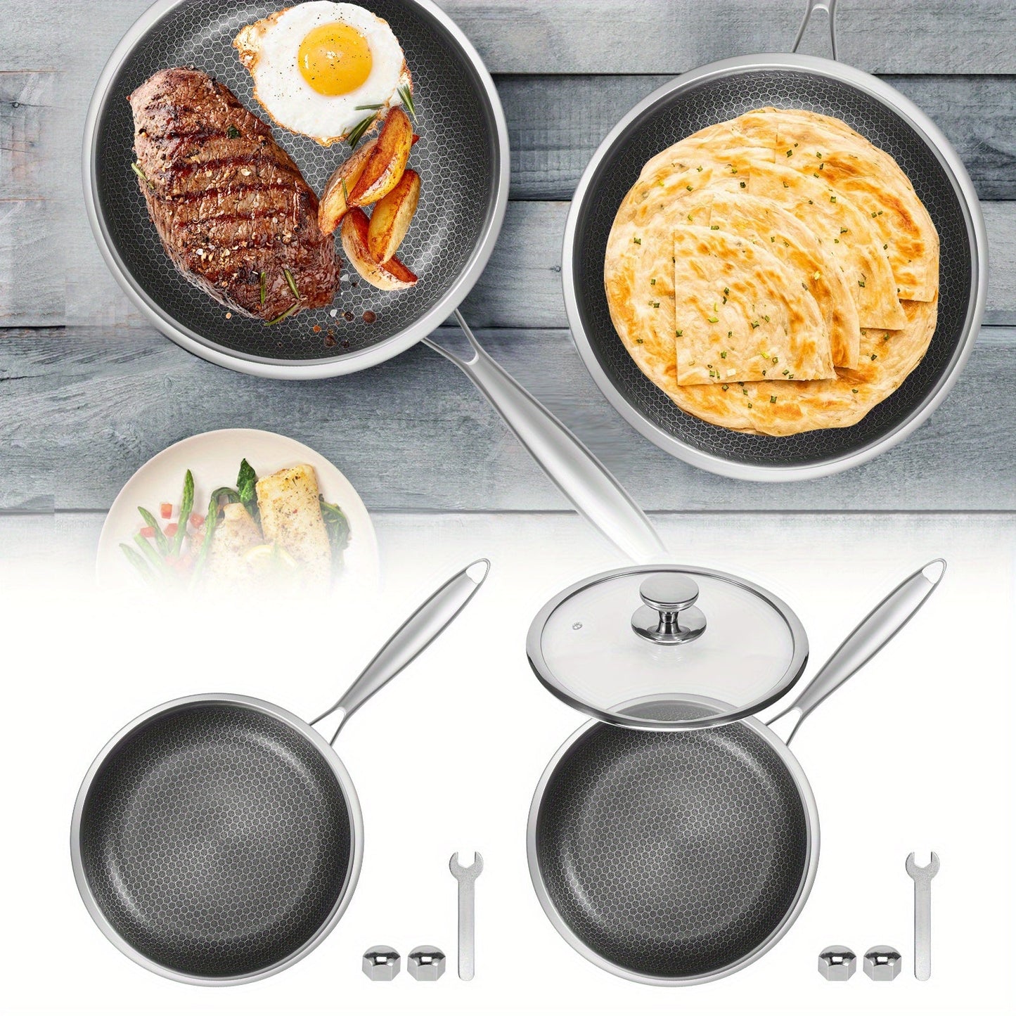 Stainless Steel Frying Pan with Lid, Honeycomb Nonstick Cooking Skillet - Jetcloud 25.4 cm - Anti-Scratch Induction Compatible - Detachable Handle - Dishwasher Safe - Premium Kitchen Cookware