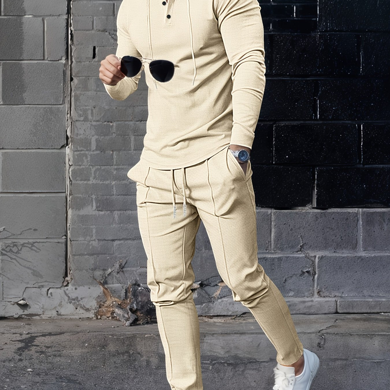 Men's Solid Color Waffle Set with Hoodie and Drawstring Pants, ideal for Spring and Autumn outdoor activities and casual wear.