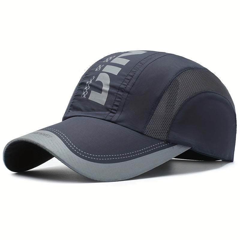 Quick-dry adjustable baseball cap for outdoor sports with UV protection and breathable mesh.