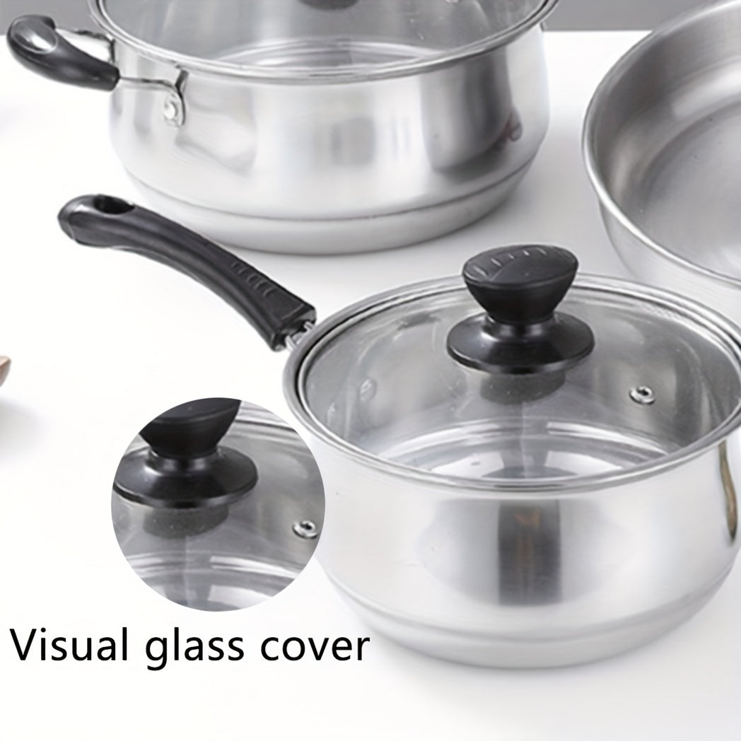 Three-piece set of durable stainless steel cookware, including a thickened soup pot, milk pot, and fryer. This versatile set is perfect for frying, stewing, and cooking, whether in a household kitchen or professional restaurant setting. Can be used on