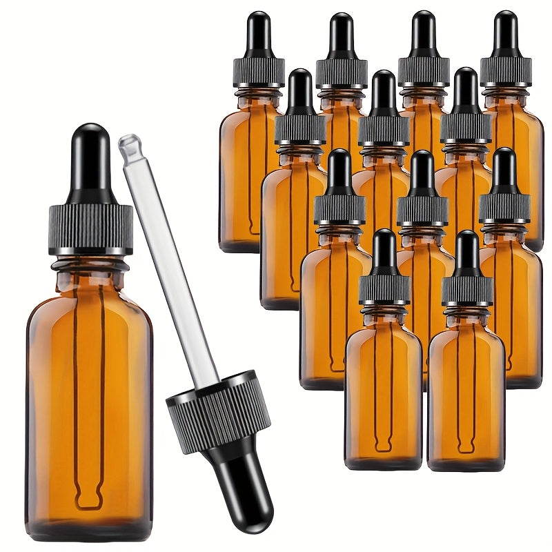 12/6 amber glass dropper bottles with teal glass droppers, in 30ml and 60ml sizes. Ideal for cosmetics, perfumes, essential oils, and lab dispensing.