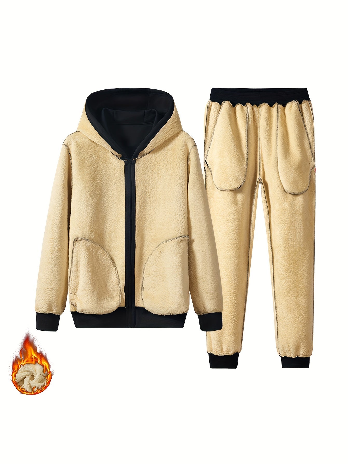 2-piece men's set: Fleece lined zip-up hooded coats with zipper pockets and drawstring pants for casual autumn and winter outfits.