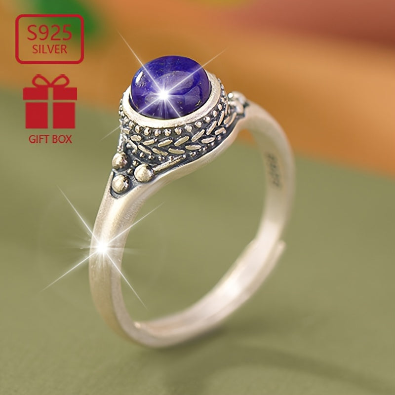 Approximately 3 grams of 925 Sterling Silver Blue Chalcedony Golden Stone Retro Wheat Pattern Round Ring, perfect for gifting to loved ones and suitable for everyday wear. Directed by Qing Anjing.