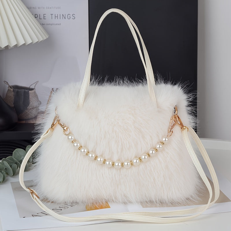 Stylish faux fur crossbody bag with pearl accents in pink, khaki, coffee, white, and black colors for women.