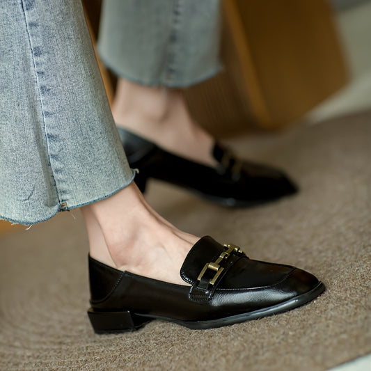 Elegant retro black loafers with golden-tone buckle, chunky heel, and square toe. Versatile casual shoes for all seasons, not washable.