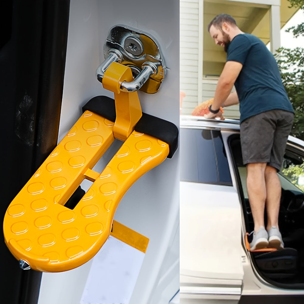 Foldable car door step with safety hammer and anti-skid wheel made of durable aluminum alloy, also functions as a roof rack hook.