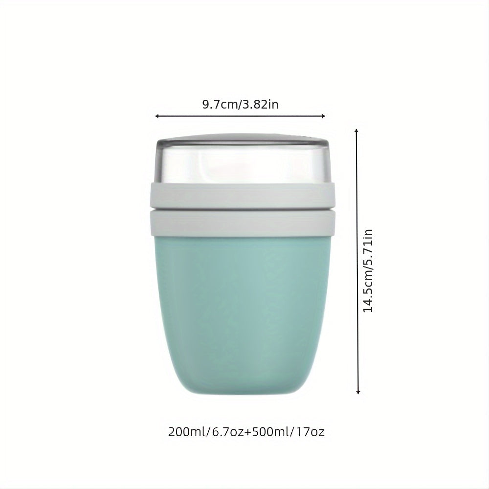 23.6oz portable breakfast cup with lid for on-the-go meals. Features oatmeal and yogurt divider, ideal for salad, cereal, or oatmeal lunches. 700ml capacity.