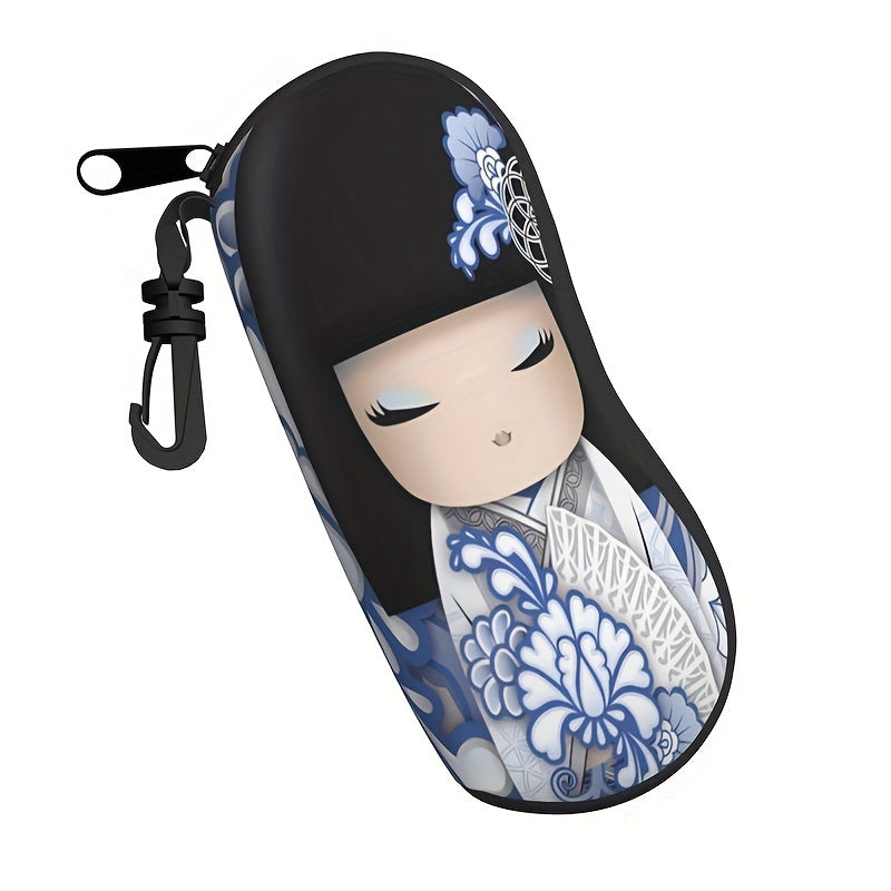 Stylish Crimson Sakura Kokeshi Doll Pattern Glasses Holder - Compact Zippered Glasses Pouch for Fashionable Travelers, Made of Tough Synthetic Rubber, Suitable for Men and Women