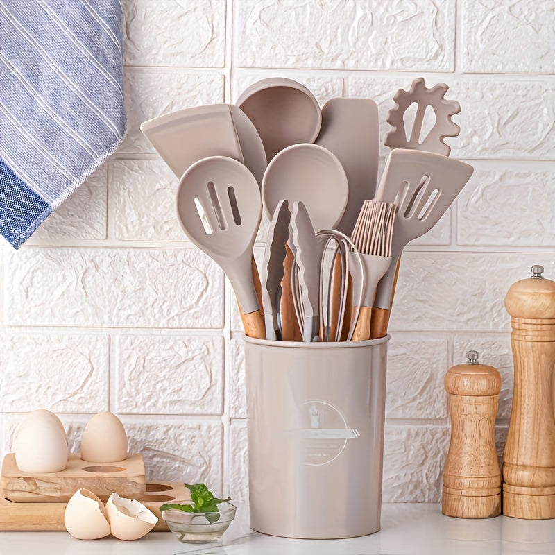 Wooden-handled Silicone Kitchen Utensil Set - Includes 6 or 12 Pieces of Cooking and Baking Tools such as Non-Stick Spatula, Ladle, Whisk, and Storage Rack. Ideal for Holiday Celebrations such as Christmas, Halloween, Easter, Hanukkah, and Thanksgiving.