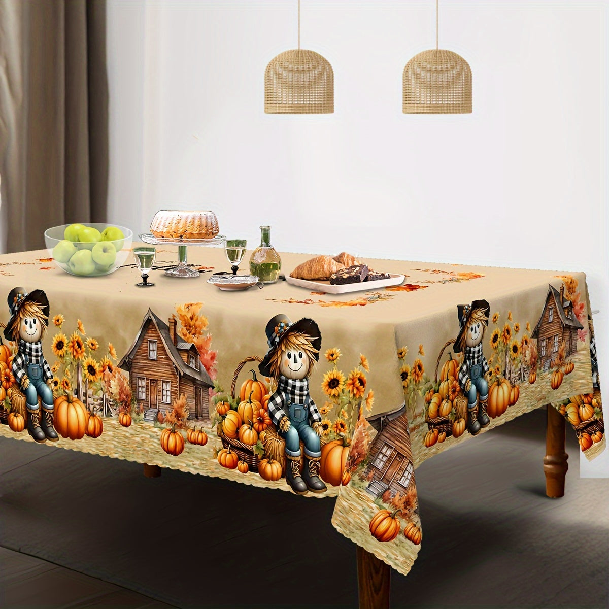 Charming scarecrow and autumn harvest tablecloth made of water-repellent, wrinkle-free polyester. Featuring festive pumpkin, sunflower, and rustic house design. Ideal for Thanksgiving, theme parties, and holiday decor both indoors and outdoors, as well