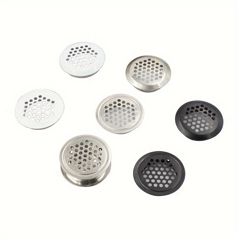 A set of 5 stainless steel circular shoe cabinet vents with flat breathable holes, designed for ventilation and heat dissipation. These golden home accessories also include covers for the ventilation holes.