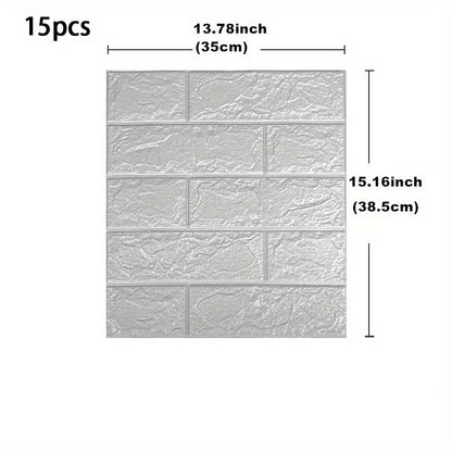 15pcs, foam soft tiles with 3D brick pattern wall stickers. Washable, waterproof, anti-mold and anti-stain.