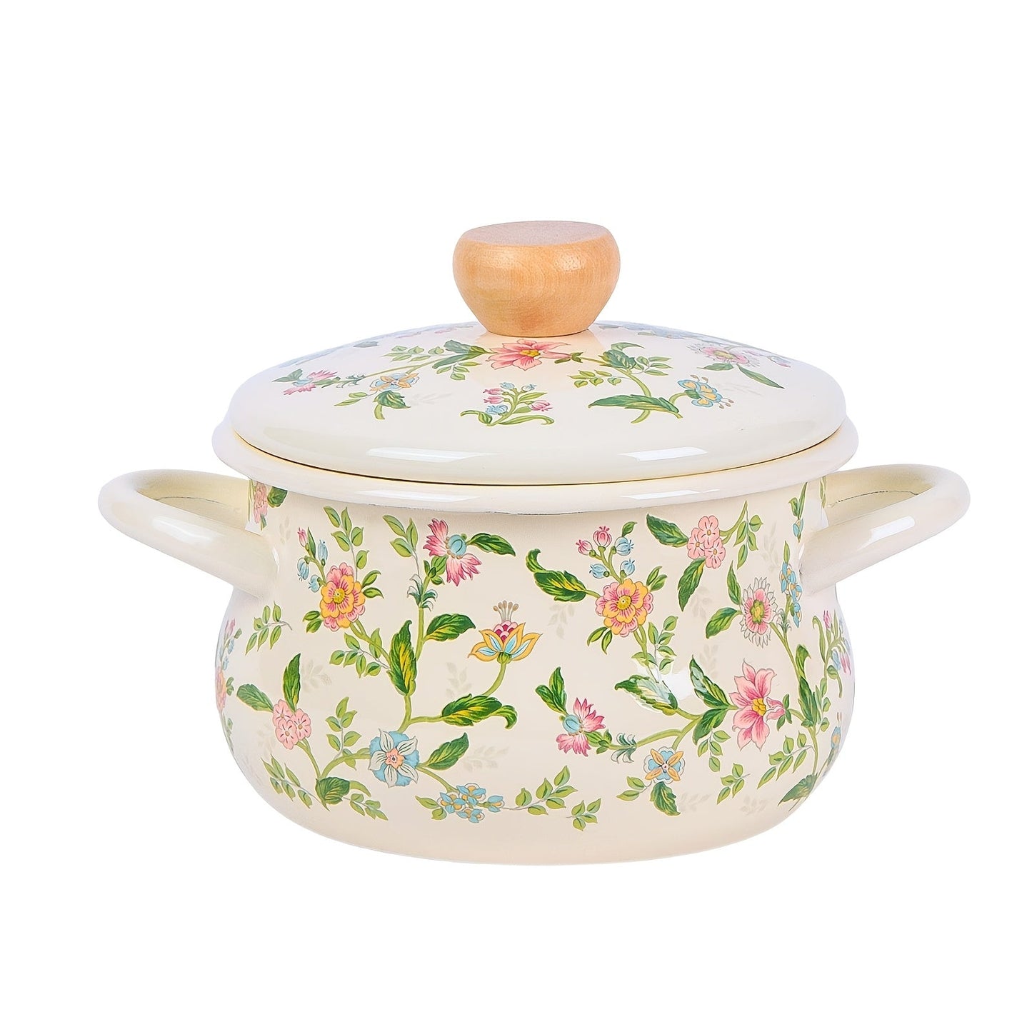 Floral Soup Pot with Enamel Finish and Rolled Edges - Perfect for both Open Fire and Induction Cooktops, Ideal for a Fresh Cooking Adventure