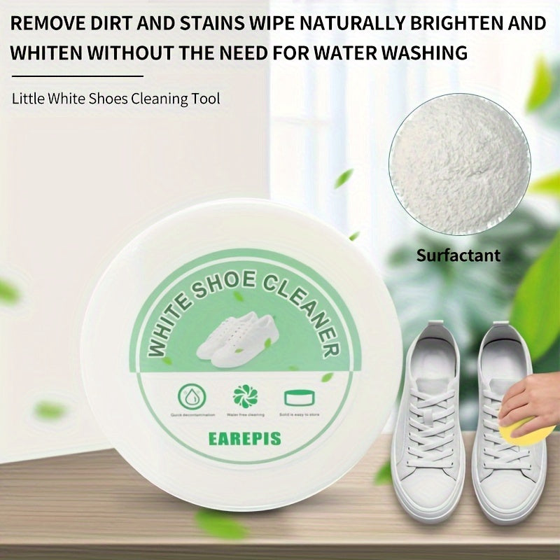 White shoe cleaner paste with plastic brush for all types of shoes. Instantly removes stains and dirt without water.