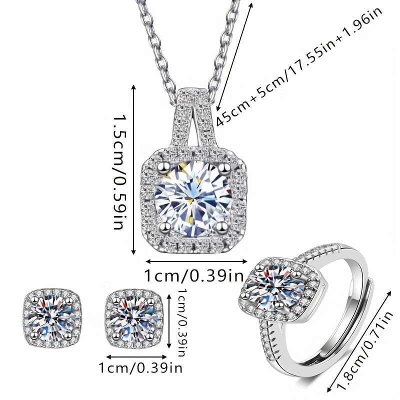 Set includes earrings, ring, and necklace with square synthetic Zirconia design, perfect for special occasions and gift giving.