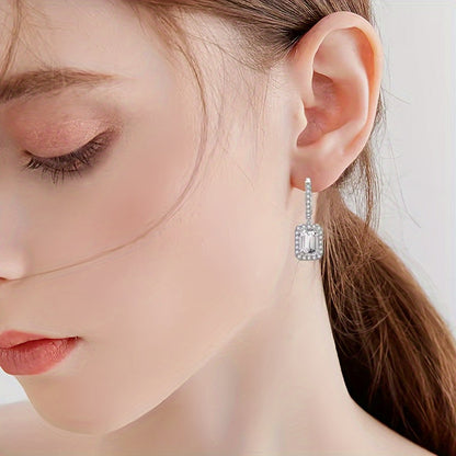 S925 Silver Women's Elegant Earrings with 1 Carat Rectangular Moissanite, Bohemian Luxurious Jewelry, April Birthstone. Featuring Moissanite Setting and 925 Silver Plating, perfect for Daily Wear, Wedding Wear, and all seasons. Comes in a Gift Box, ideal