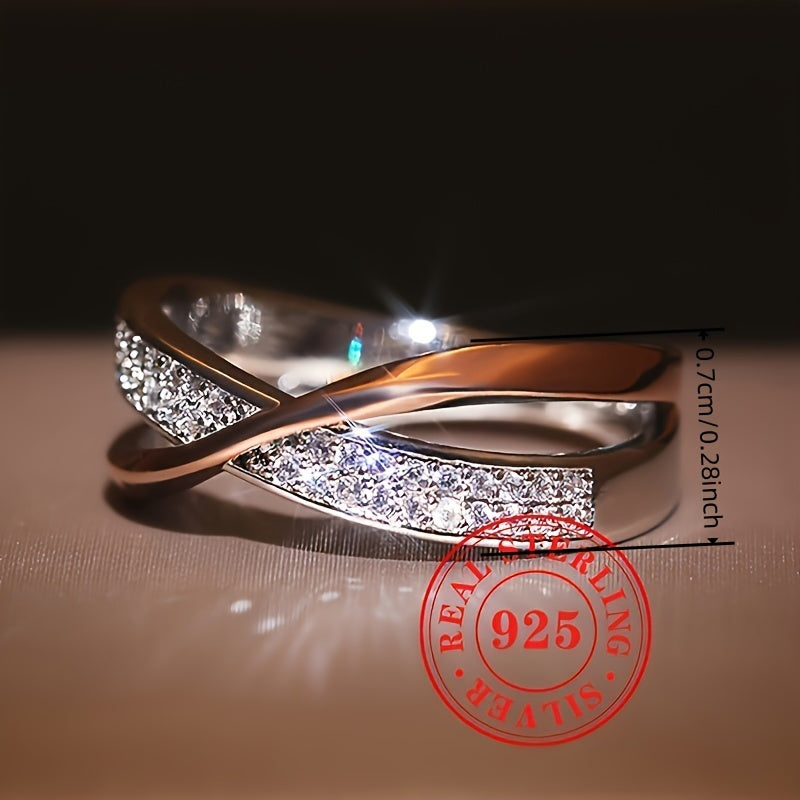 925 Pure Silver Two-tone Möbius Ring with Dense Cubic Zirconia, Elegant and Simple Style for Women's Fashion. Great for Daily Wear and Parties.