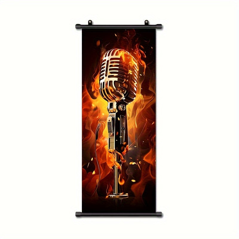 Single piece music-themed hanging scroll featuring a flame guitar, ideal for wall decor in bathrooms, bedrooms, and living rooms. Dimensions: 40.64cm x 99.06cm. Aesthetic addition to any room.