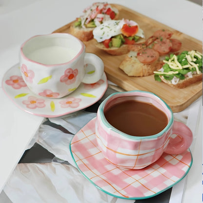 Handcrafted ceramic coffee mug and saucer set with whimsical patterns. Reusable and recyclable, perfect for tea or latte. Hand wash only.