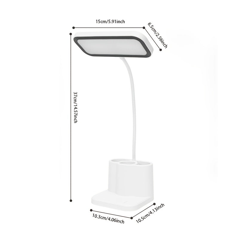 LED desk lamp with touch control, adjustable gooseneck, rechargeable battery, dual power mode, pen holder, for home office, dorm, reading, learning.