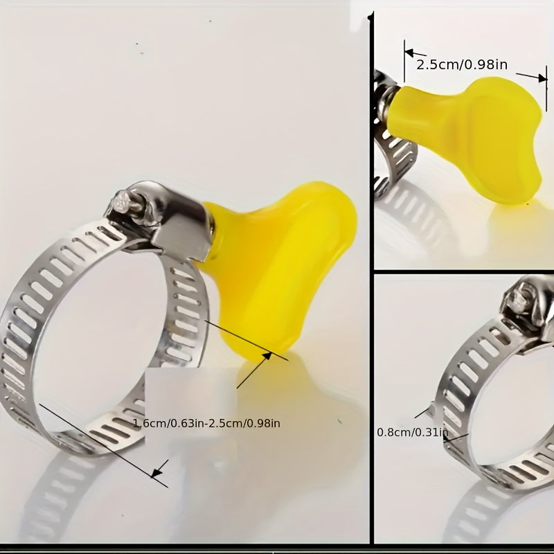 Twist-On Hose Clips: 12 Stainless Steel Clamps with Yellow Plastic Handles, Ideal for Plumbing and Automotive Repairs.