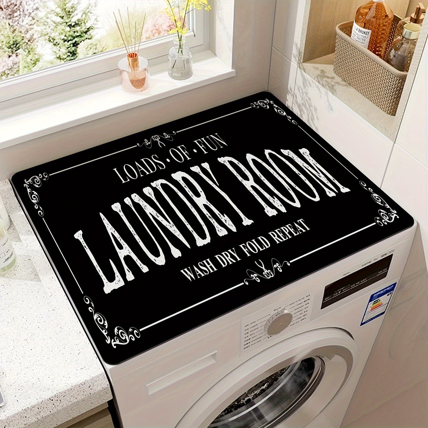 One piece Mandala Vintage Plaid Print Dust Cover for Washing Machine and Dryer. Measures 50.8cm x 101.6cm. Stain-Resistant, Non-Slip Storage Mat and Drain Mat included.