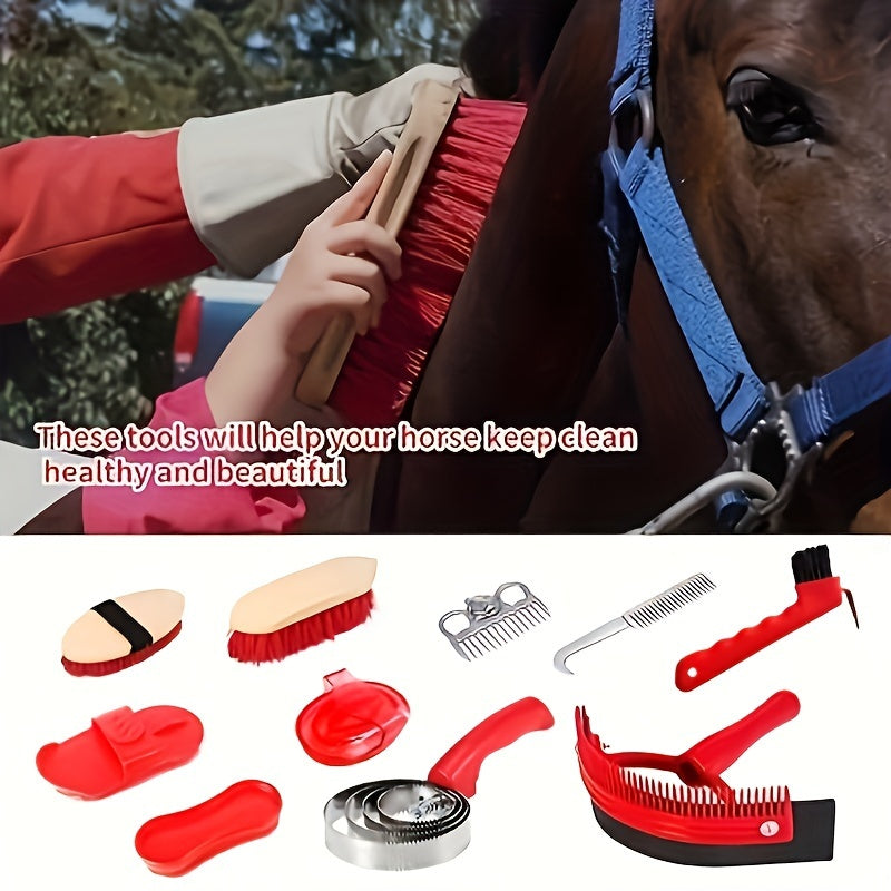 10-piece horse grooming kit made of PP material for full body cleaning, includes curry comb, brushes, mane & tail comb, and hoof pick. Ideal for horses and ponies.