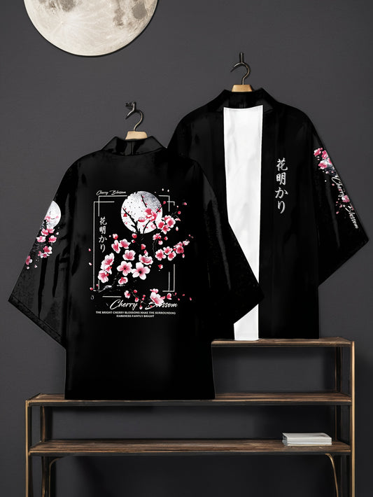 Men's Black Cherry Blossom Kimono Cardigan - Open Front with Floral Print, Lightweight Polyester, 3/4 Sleeve, Machine Washable, Casual Style, Perfect for all seasons.