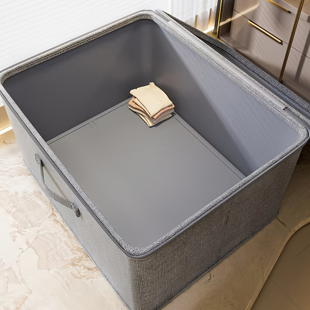 Collapsible storage box with zipper lid and handles, ideal for organizing clothes in the wardrobe.