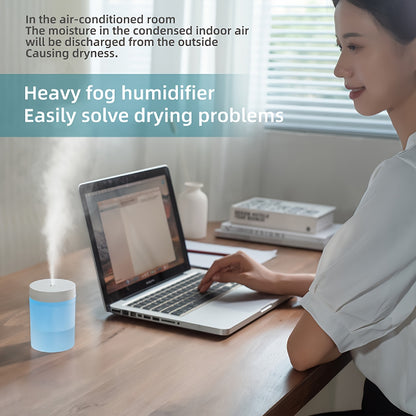 Compact 200ml Soundwave technology humidifier with USB power, featuring fine mist, atmosphere light, and a handy carry handle - perfect for all room types.