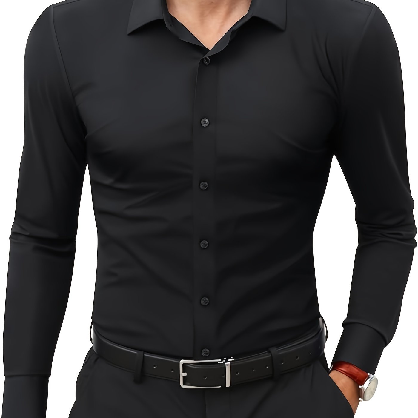 Slim fit long sleeve shirt for men made of 55% cotton, 40% polyester, and 5% spandex. Solid color with lapel collar, button-up closure, and all-season wear. Casual weekend wear, woven