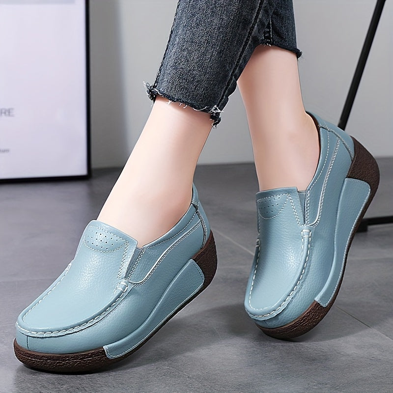 Women's slip-on loafers with mid-top design, round toe, mid heel, split cow faux leather upper, faux leather sole, all-season comfort.