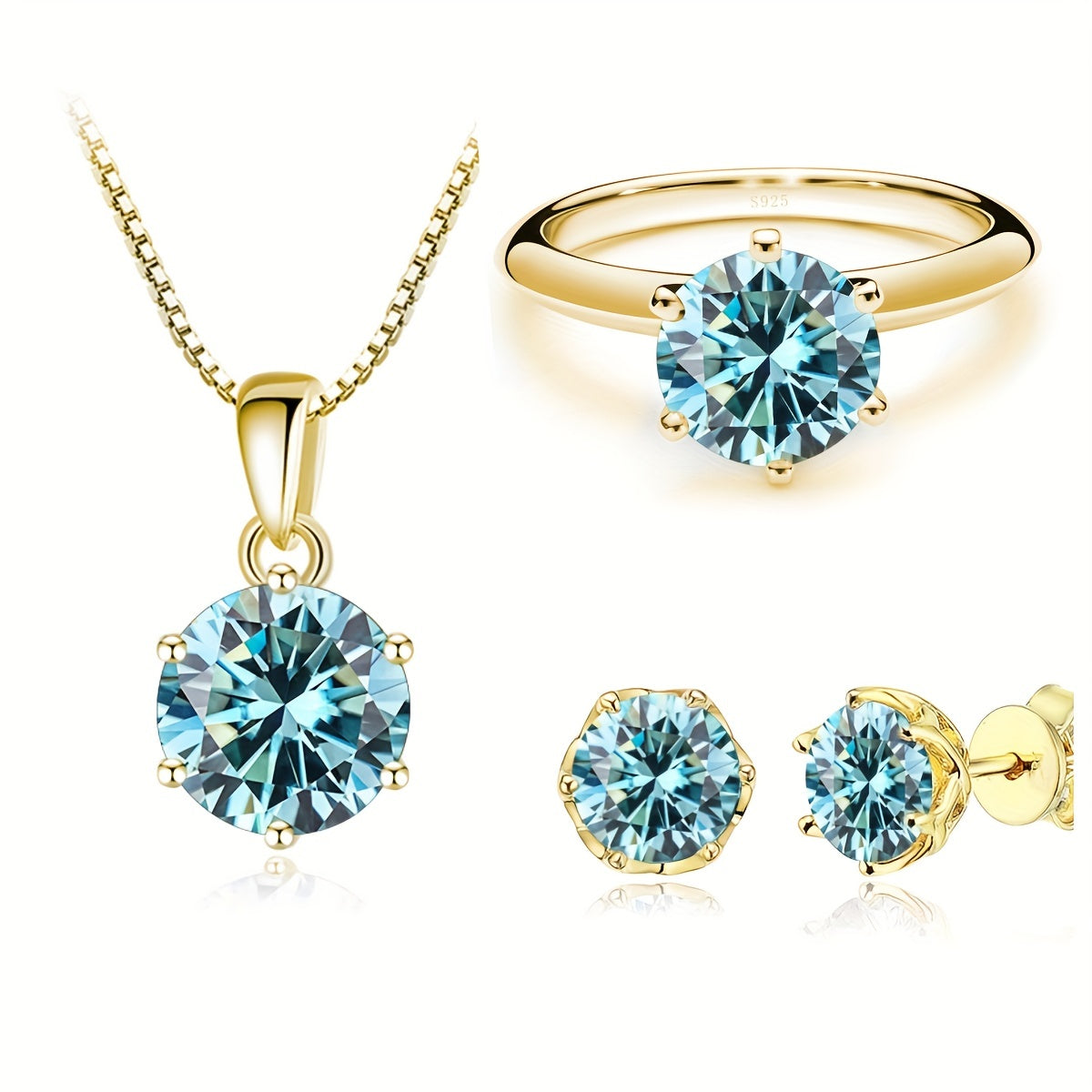 Set of 4 pieces of Moissanite jewelry including a necklace, ring, and a pair of earrings, all featuring 1ct stones. Made with 925 sterling silver and available in multiple colors. Comes with a certificate of authenticity and packaged in a gift box.