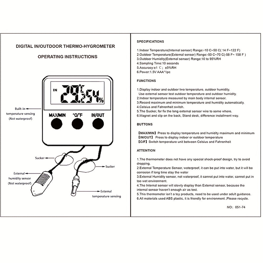 LCD display digital incubator thermohygrometer for hatching eggs equipped with a battery-powered plastic sensor. Includes outdoor pet temperature and humidity probe. Battery not included.