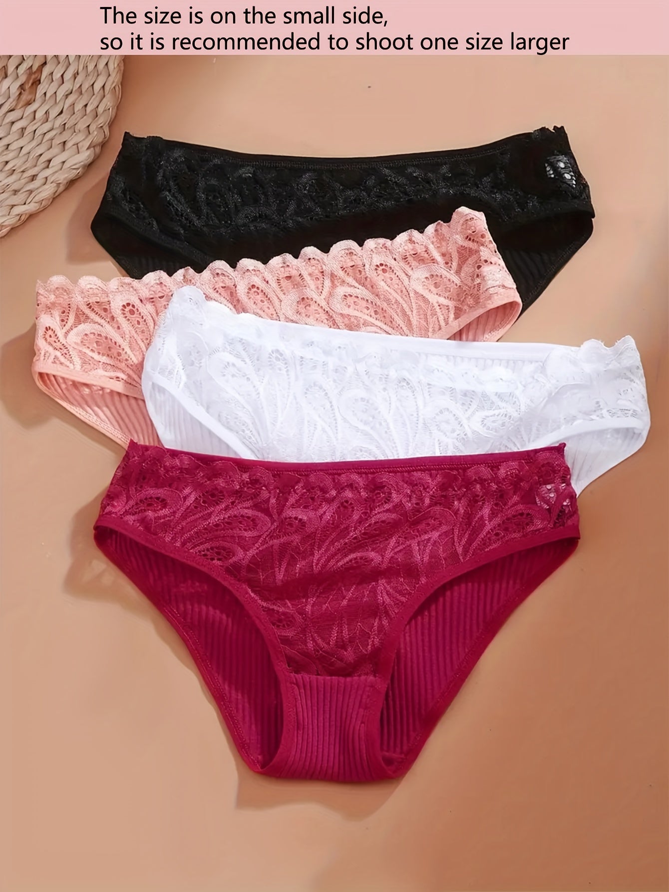 4-pack of lace trim briefs for women, made of comfortable breathable cotton.