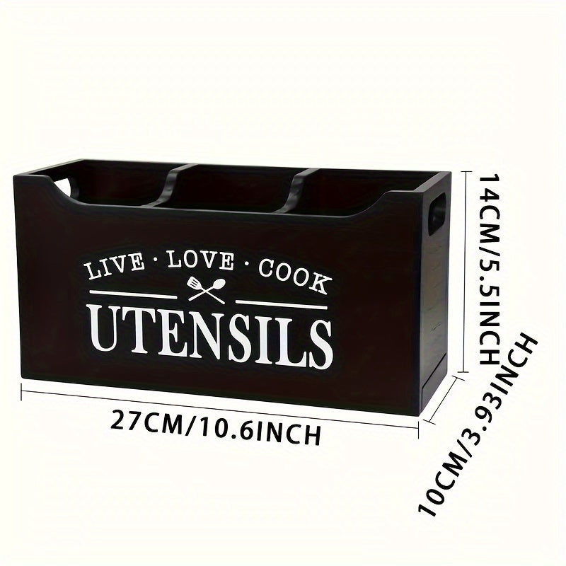 Wooden utensil caddy with "Live Love Cook" motif, open top kitchen organizer.