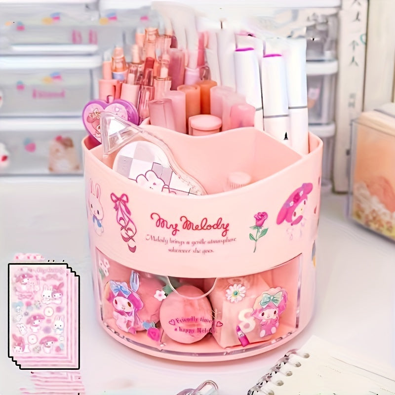 Sanrio Kuromi My Melody rotating pen holder, cute multi-compartment desk organizer made of varnished plastic. Great gift for stationery lovers.