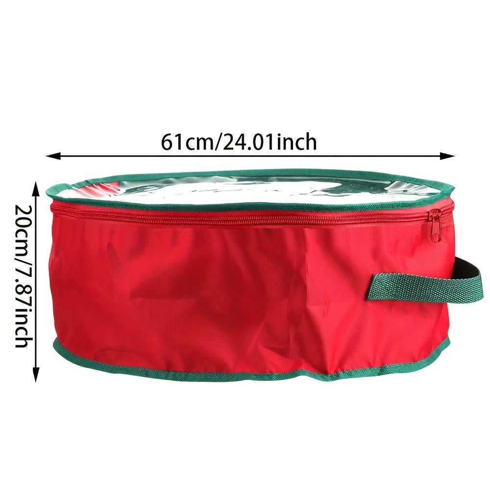 This Christmas wreath storage bag is made of polyester and designed for holiday garlands. It is tear-resistant and features heavy-duty handles, a transparent card slot, and a capacity of less than 3.2 cubic feet. The bag is under 68.58cm in height