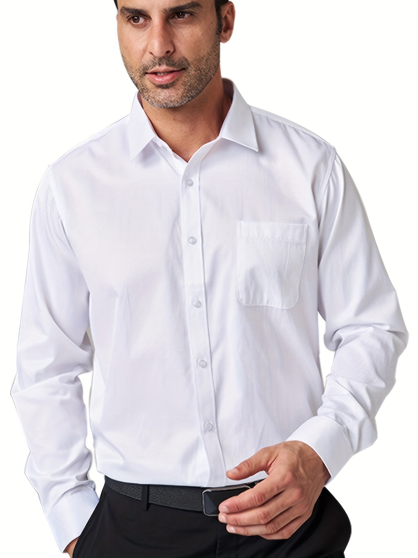 Men's solid color long sleeve button shirt with trumpet hem and cotton blend fabric, suitable for mature occasions.