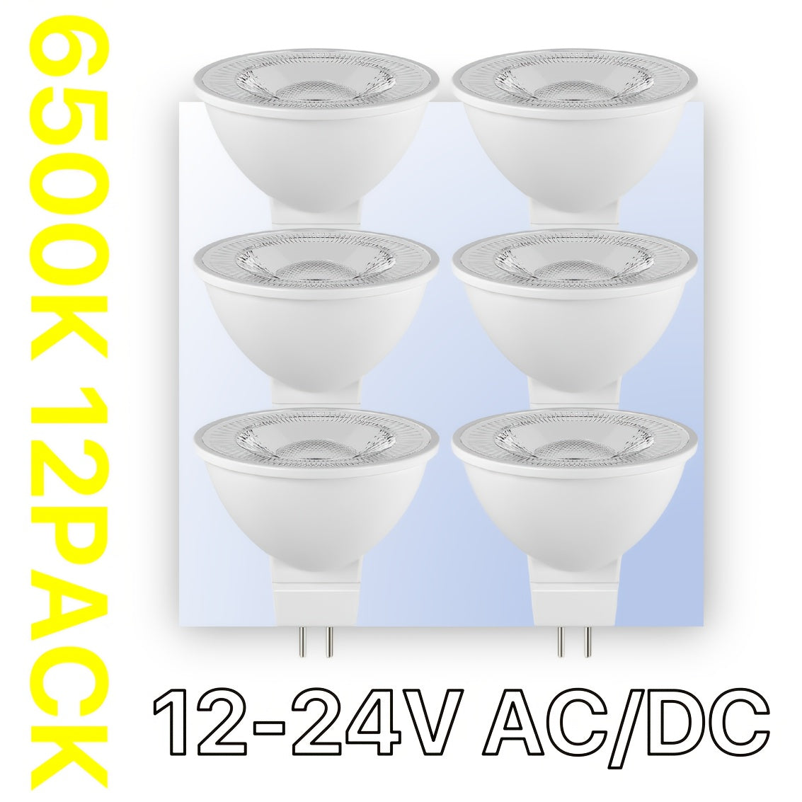 6 and 12 packs of MR16 LED bulbs with 5W GU5.3 non-dimmable spotlight bulb suitable for 12V-24V AC/DC low voltage. Ideal for landscape, cabin, boat, and yacht use.