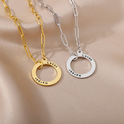 Women's Round Pendant Necklace with Custom Dual Names, Stainless Steel Pin Chain, Perfect for Everyday Wear & Christmas Present, Unique Personalized Jewelry, Circular Design, Holiday Gift