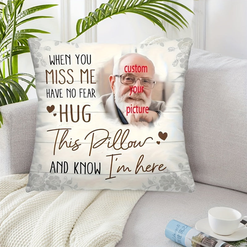 Customize your own photo commemorative polyester throw pillow with a short plush memory cushion cover. This custom hug pillowcase is perfect for remembrance, love, and comfort. Sized at 45.72x45.72 cm, it is suitable for ages 14 and up. Note: Cover only