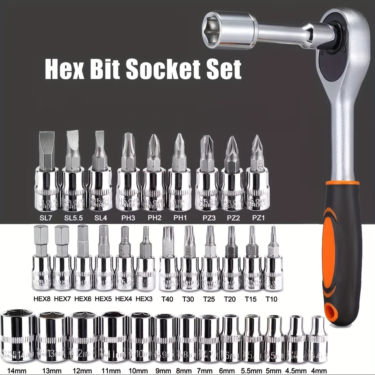 46-piece tool set for car and bike repair, including ratchet torque wrench, screwdriver, socket wrench, and combination tools.