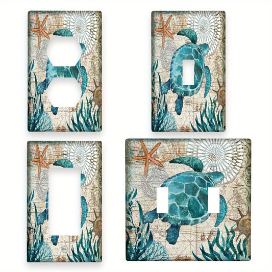 Teal blue ocean design nautical turtle light switch cover plate. Easy install with no battery required. Ideal for bathroom and bedroom. Pack of 1.