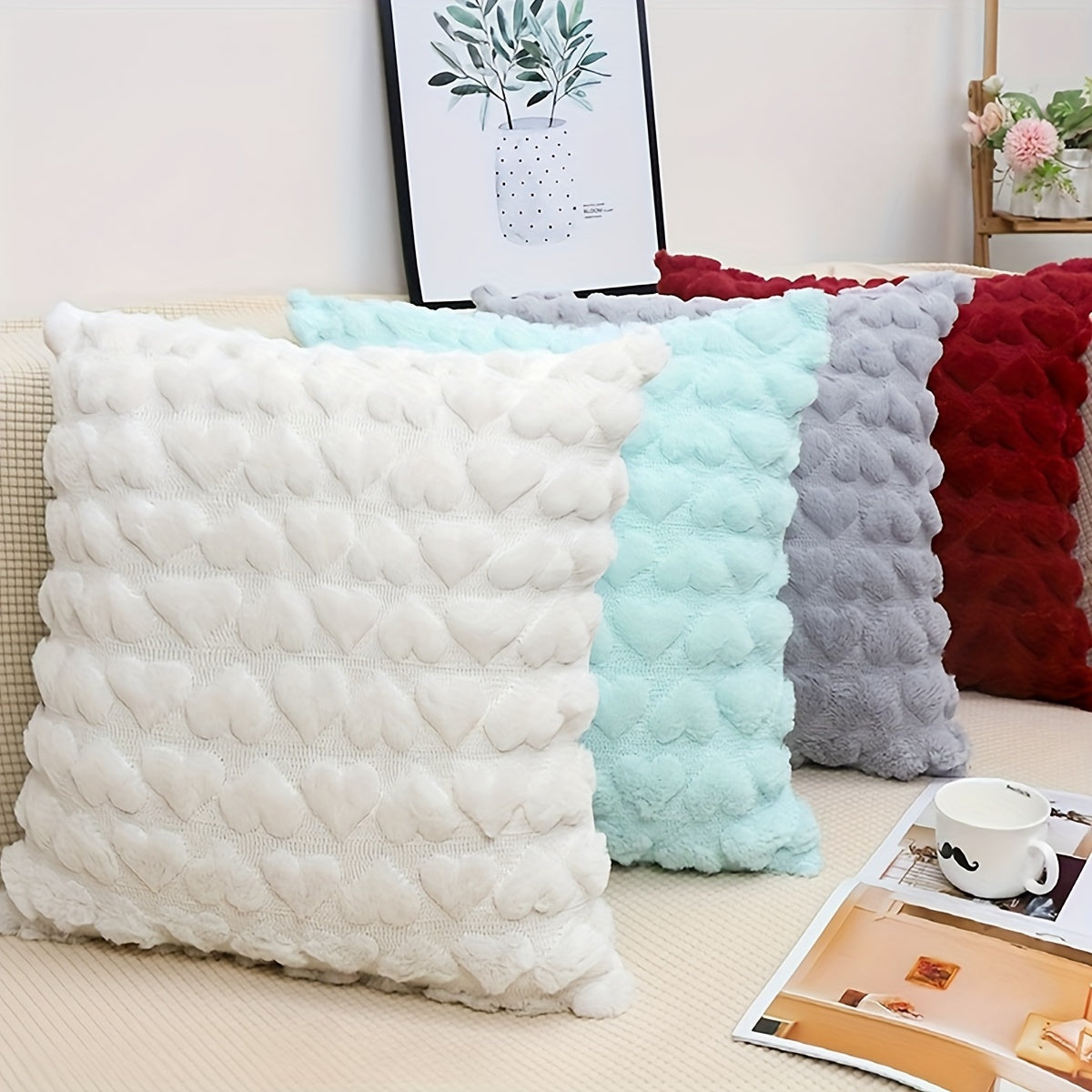 One set of cute beige decorative throw pillow covers, 18x18, made of soft plush faux fur wool for couch or sofa décor.