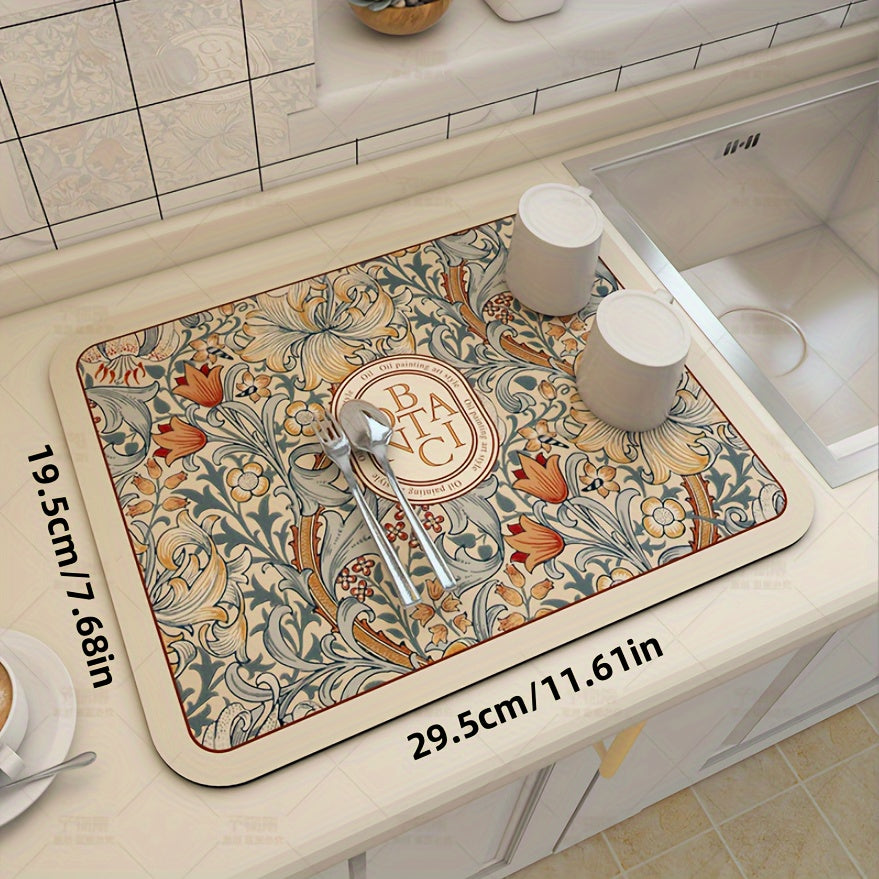 Floral Pattern Coffee Machine Mat, Multi-Functional Dish Drying Pad with Silica Gel Non-Slip Soft Pad for Kitchen and Bathroom. Easy to Clean with Polyester Cover and Silica Gel Material.