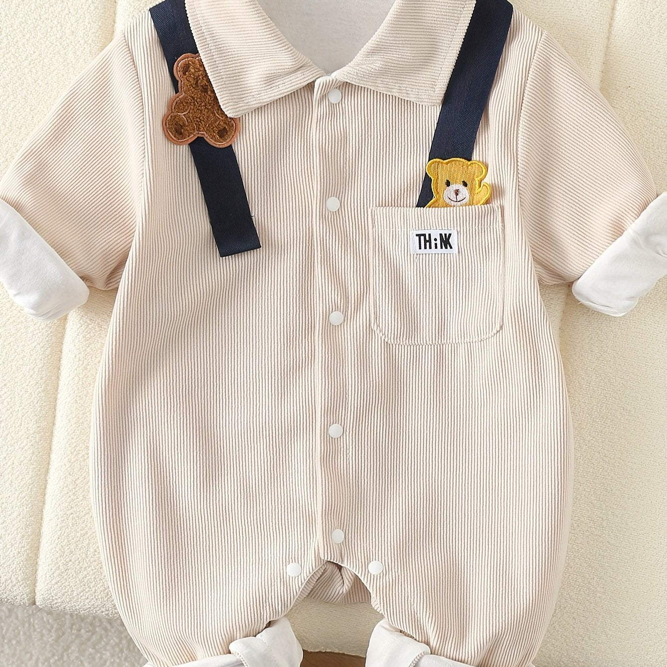 Mustard yellow bear patchwork romper with striped straps for baby boys is made of 100% polyester and has a casual style, perfect for spring/fall and outdoor activities.